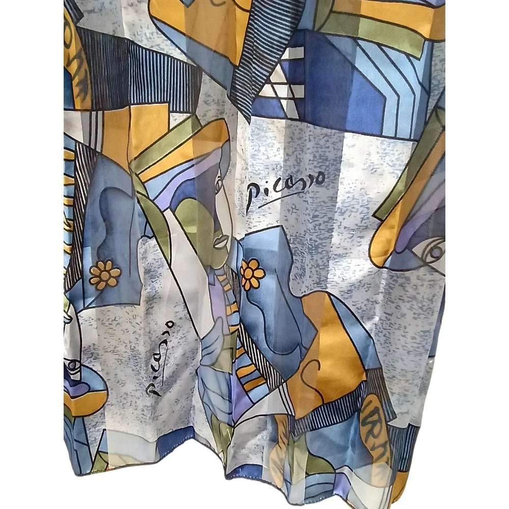 Picasso Tribute Art Print Scarf Blue Gold Cubist Abstract Square Head Wrap 34in